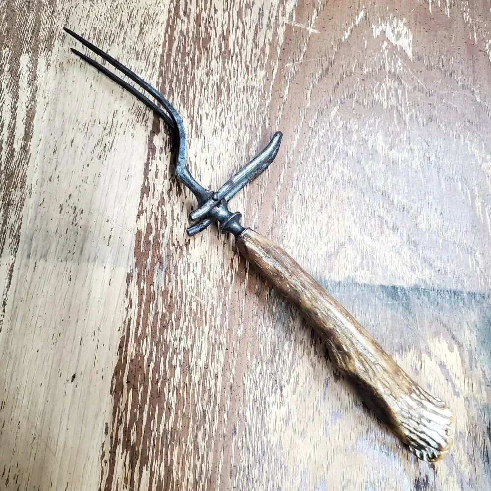 Antique Stag Antler Handle Meat Carving Serving Fork with Built-in Stand